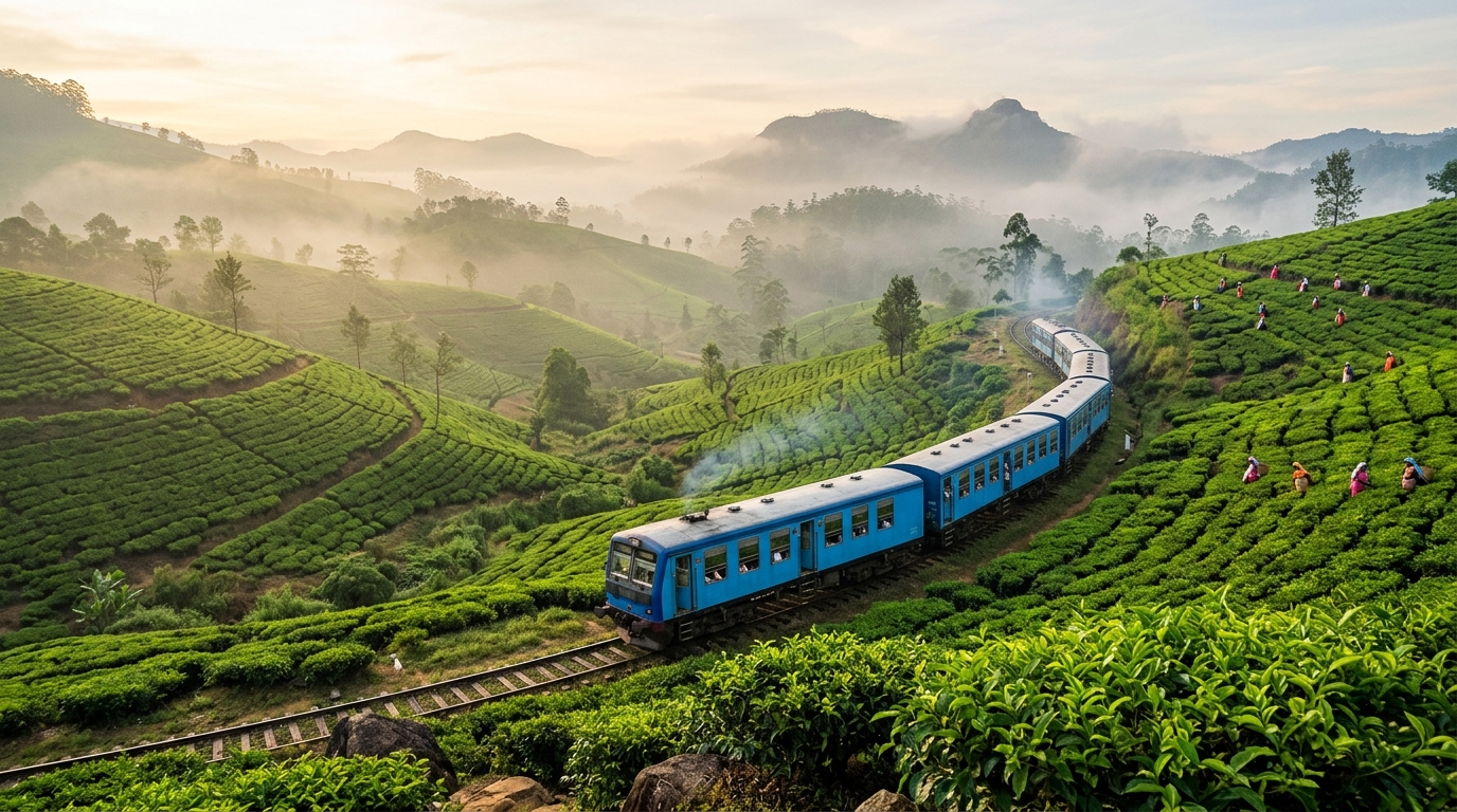 Sri Lankan train winding through emerald tea plantations near Nuwara Eliya